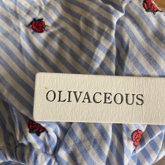 Olivaceous Crop Top Small Blue White Stripe Roses Off The Shoulder Ruffle Sleeve - Picture 5 of 11